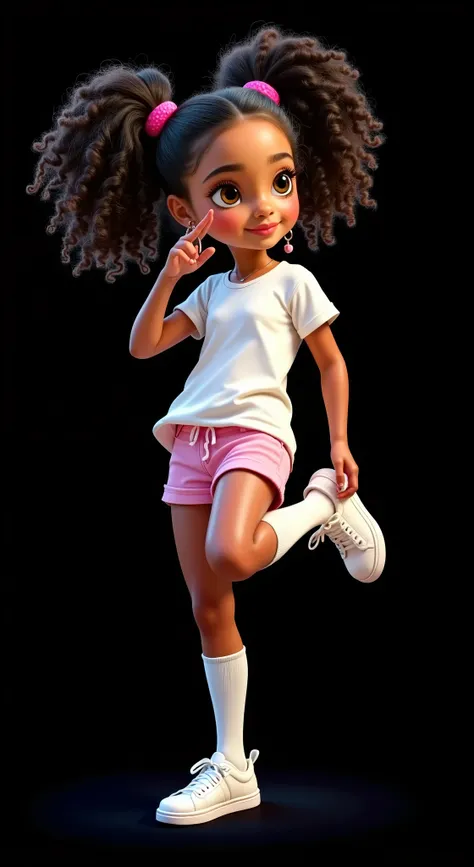 Inspired by the characters, posters and 3D movies from Disney Pixar create the image of a , age>6, 6 anos de idade, girl wearing a white t-shirt, very short pink shorts, white socks up to her knees, white sneakers. She has curly black hair tied in two pony...