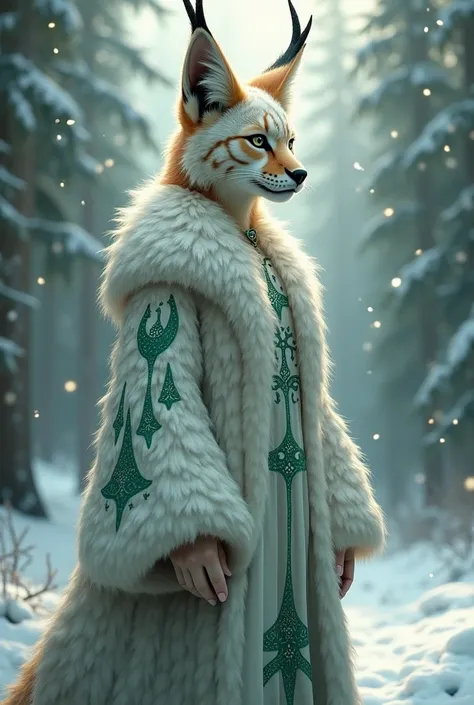 Queen of the Taiga (Siberia): A human-lynx hybrid with fluffy ears and tufts. Dress made of soft fur and tree-shaped patterns in green and white.