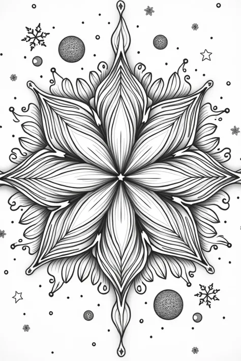 
 A large black and white drawing  ,  type coloring book page ,  of a Christmas star in the center of the page ,  filled with detailed and symmetrical mandala patterns .  The star is divided into concentric layers ,  where each layer has a unique style , l...