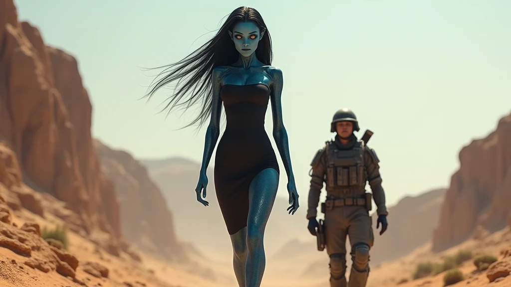 a tall sexy blue alien girl with deep detailed face, long hair, wearing black dress, walking with a short man soldier. a rocky desert in background.