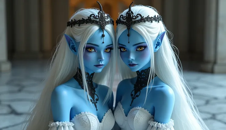 two sexy blue alien princess with long white hair and in white royal dress with black crown on head. sitting together