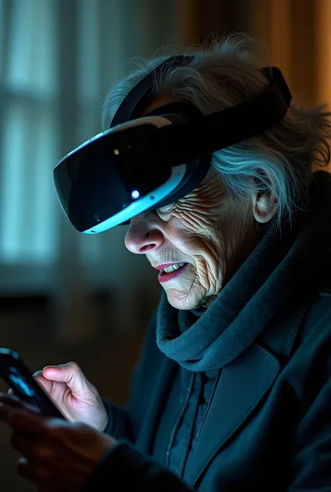 An old lady uses an ar mask and is sexting