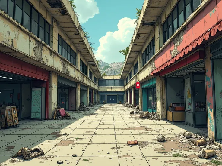 shopping mall, post-apocalyptic, uninhabited, comic drawing style, HD, very detailed, in the background a place