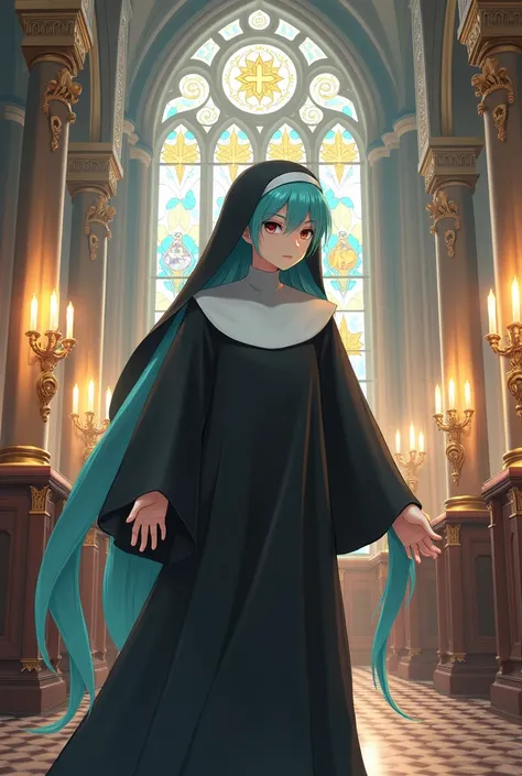 Hatsune miku as a nun but with the art style of luce catholic church