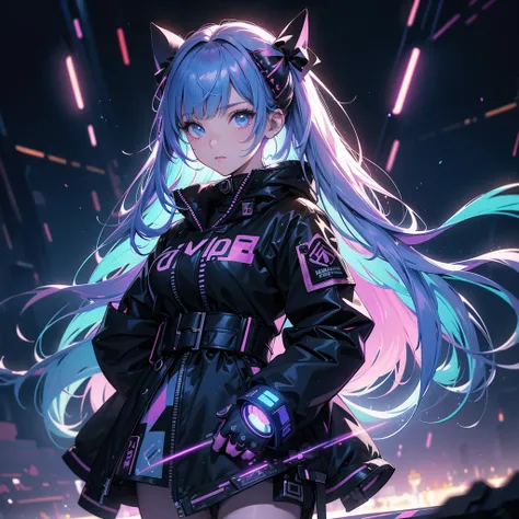   and cyberpunk elements {x} of anime wrapped around the head with colorful ribbons black silhouette of a girl.  ribbons and bows shine like diamonds 、 must have various patterns 。. The background is dark、Shining Light .  The art style is digital 、 are ult...