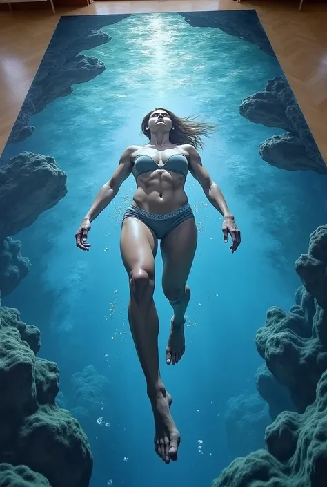 Drawing on floor. A muscular  woman like a Chalk drawing 3d on the floor. The muscular woman is like swimming in ocean.