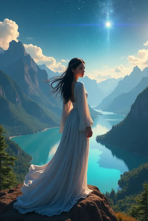 a beautiful young arabian woman standing on top of a mountain overlooking a serene lake and starry night sky, highly detailed 4k digital art, stunning fantasy landscape, unreal engine 4k wallpaper, 8k masterpiece, dreamlike and fantastical scene, intricate...