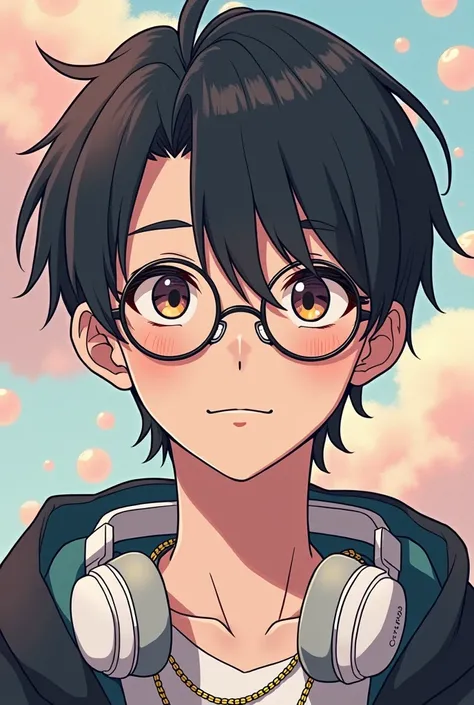 Guy, Oval face, with round glasses black frame, white headphones, middle part short black hair, thin gold chain, in a bubbly anime-ish drawing style