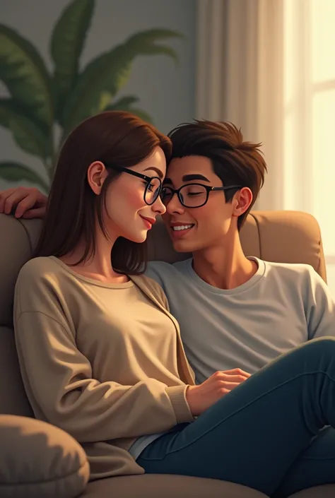 A man is sitting with somegirl uses glasses she has wide cheek
