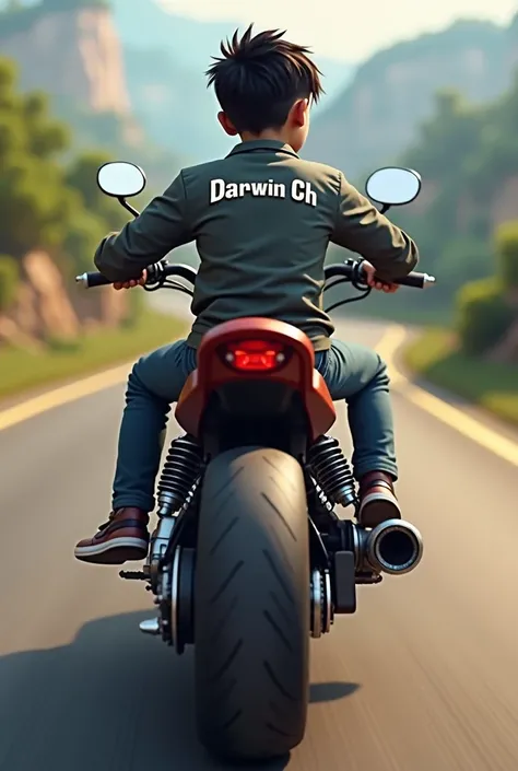 a boy on a motorcycle with a t-shirt or jacket that has his name Darwin Ch on the back