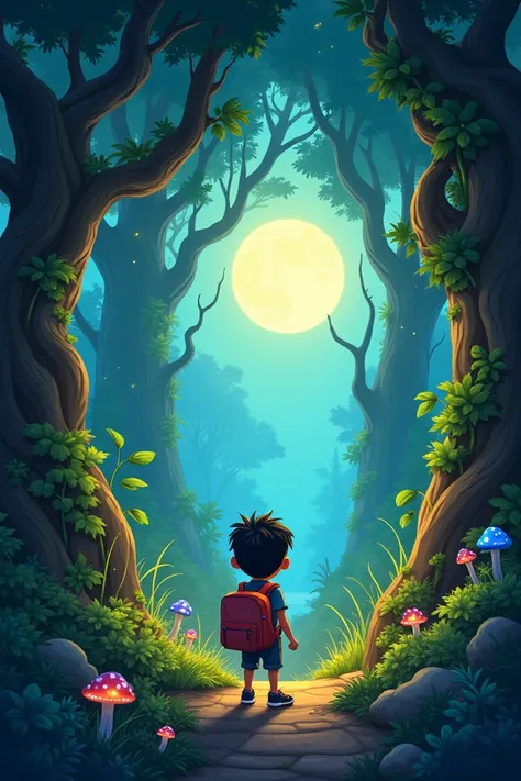 A young boy, Rudra, stands at the entrance of a dense forest. Towering trees and thick vines surround him, while the soft glow of moonlight illuminates the scene. A bag rests on his shoulder, and his eyes reflect curiosity and excitement.
imagine cartoon t...