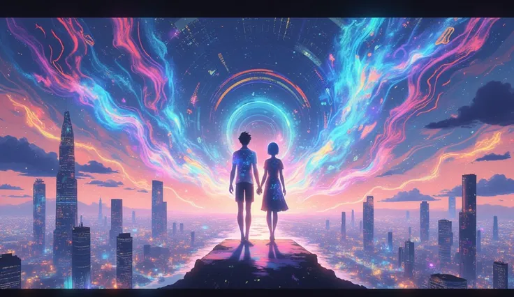 A stunning anime-style illustration designed as a 16:9 background, capturing the ethereal and futuristic atmosphere of the song "Digital Prism." The scene depicts a vibrant, dreamlike digital cityscape under a starry, virtual sky. Neon lights in hues of pi...