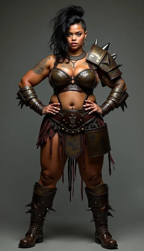 photorealistic full body photo of plus size barbarian warrior, black girl,(art by loish:1.2), (intimidating pose:1.5),(hands on hips:1.5),(glaring at camera:1.2) ,(realistic tanned skin texture:1.5),high quality,(muscular body:1.5),(Heavily tattooed body:1...