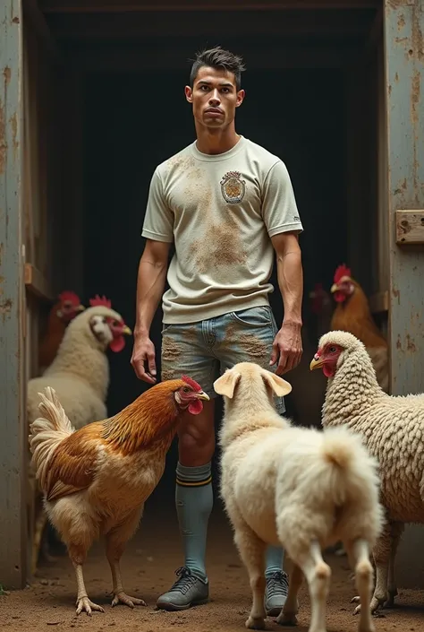 Cristiano Ronaldo with bad clothes in a chicken coop with sheep kisses a yard dog