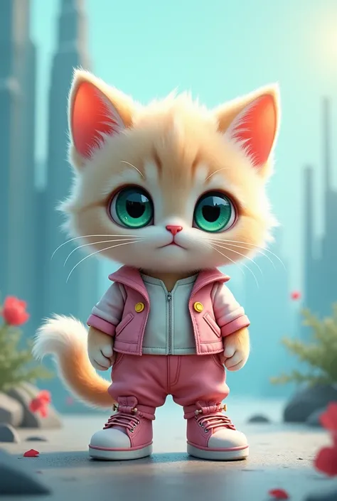  cute kitten、 Standing Upright on Two Legs 、Wear the costume that is riding in Miki House、pants、shoes、unusual eye color 、 cool background、3d、Illustration