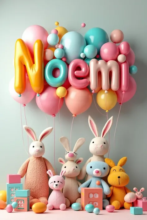 Noemi written in balloons with toys underneath 
