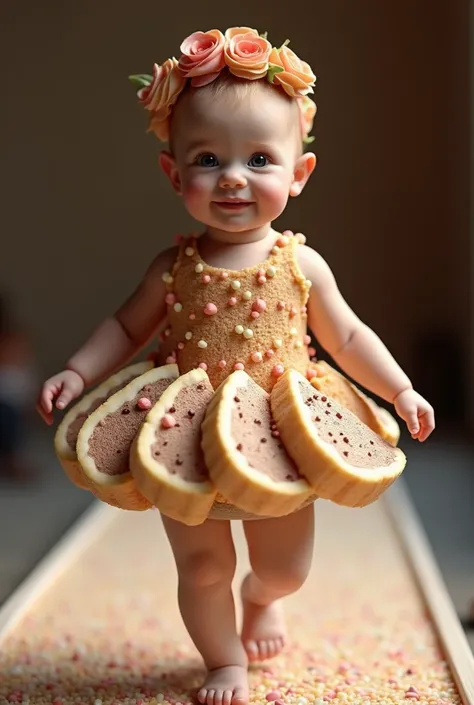 Baby, wearing a dress made of slices of cake, filled with chocolate decorated with confetti, in relief, and on the babys head a hair ornament, made of pieces of cake, filled, in relief, parading on the catwalk, ultra realistic 4k