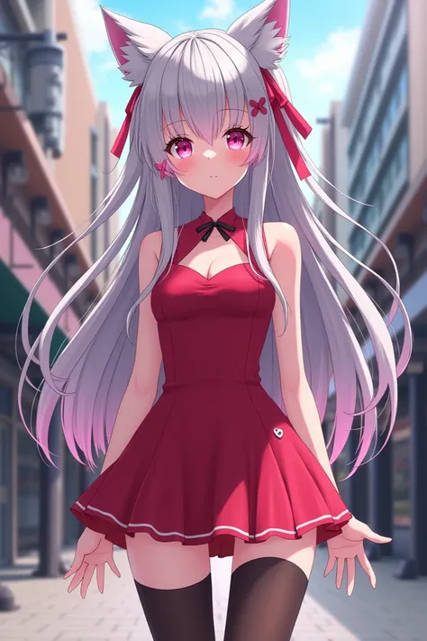 A girl with long silver hair with pink streaks on the strands, pink eyes, wearing a short red dress, wearing stockings up to her knees.(Perfect masterpiece, HD, detailed, background in street, perfect quality, resolution 1280p, anime art style)