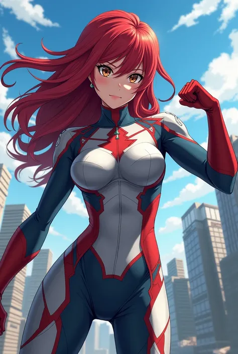   My Hero Academia Style ,   anime girl  , woman, young woman ,  full body shot ,( Fighting Stance :1.3), long hair, Red Hair,   Brown Eyes , hero suit, Full Body Suit, silver suit with red and blue details,  Perfect Anatomy  ,  enhanced abs , super detail...