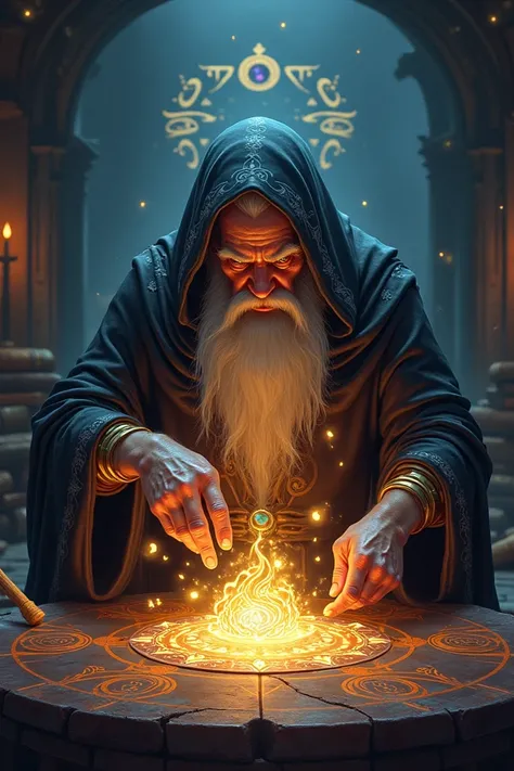 Create the image of a sorcerer creating a Magic artifact 