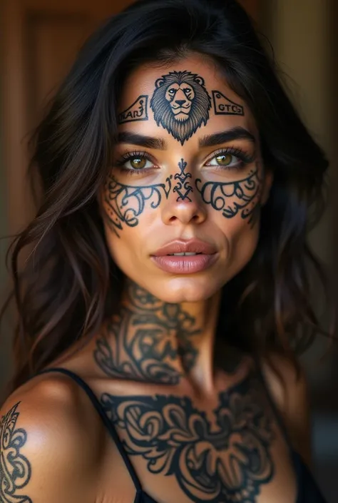 American woman with Chicano tattoos on face and body and lion Facial tattoos in text 