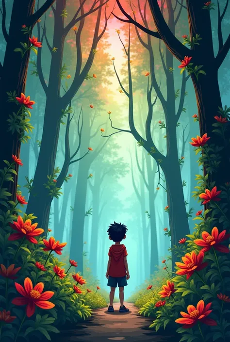 The Mysterious Forest
Rudra observes the forests mesmerizing surroundings. Vibrant red and yellow flowers bloom on the trees, while the dangling vines emit a faint pink glow, adding an air of mystery to the forest.
imagine cartoon type image.
