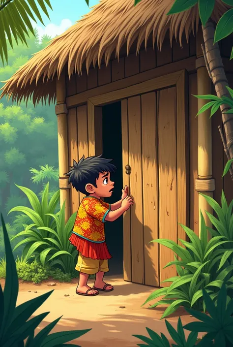 Create a ren’s book illustration in a cartoon style. Diut, a young and wiry Subanon man with short, slightly messy hair, wears a traditional Subanon outfit: a brightly colored native woven shirt and simple trousers. His expression is urgent and worried as ...