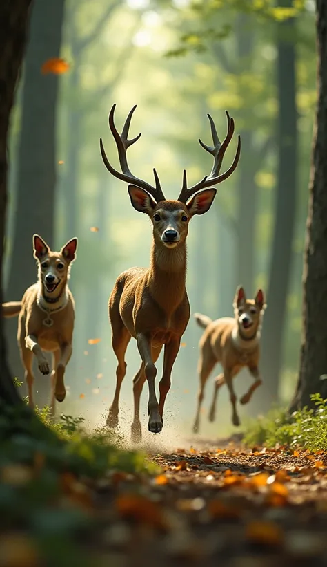  Once some hunting dogs came to the forest and started chasing the deer. Seeing this, he got scared and ran away.His thin legs were helping him to run away. While running, suddenly his horns got stuck between the branches.