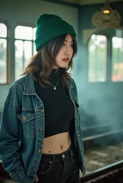  Portrait of a Thai woman with a strong face ,  wearing a green beanie hat . , she wore a denim jacket over a black wide-necked turtleneck.,Spotted breast and navel ,  paired with black jeans that were missing above the knee. .  standing in train station ,...