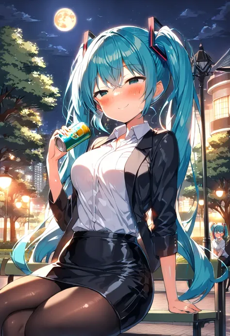 (hatsune miku, office_lady:1.2), (smile:1.4), (blush, flushed face:1.4), (drunk eyes:1.4), (gleaming skin, shiny skin:1.4), (drunk:1.4), (black jacket, secretary style shirt, pencil skirt, black pantyhose:1.4), (drinking canned chu-hai:1.4), (sitting park_...