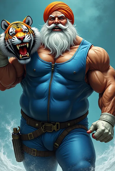 (A rugged beefy very muscular bulky laughing sikh old man), (wearing blue zipper wetsuit), (holding big realistic roaring tiger mask), raising his fist,  wearing bulky scuba gear, muscular physique, toned muscles, fierce, heroic, action, comic artstyle, bu...