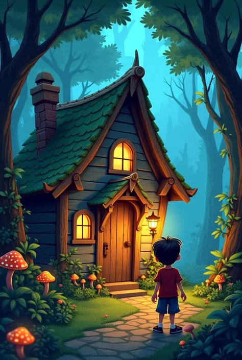 The Wooden Cottage
In the heart of the forest, Rudra spots a small wooden cottage. Surrounded by torchlight and glowing mushrooms, the cottage exudes an aura of mystery. Rudra gazes at it, astonished.
imagine cartoon type image.
