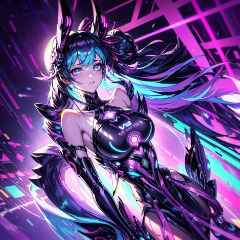   and cyberpunk elements {x} of anime wrapped around the head with colorful ribbons black silhouette of a girl.  ribbons and bows shine like diamonds 、 must have various patterns 。. The background is dark、Shining Light .  The art style is digital 、 are ult...