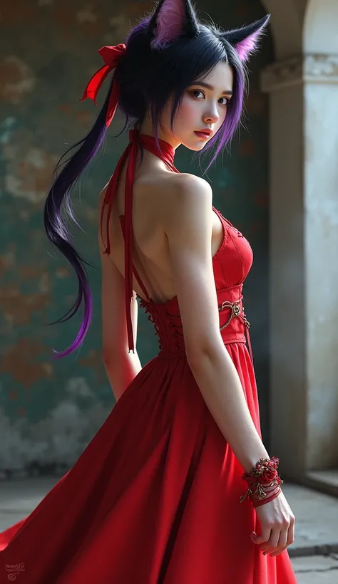 Whole body expression、Cat、Half cat, half human、Cat ears on head、18 years old、 black hair shortcut、 purple hair、 cute face、 big eyes、 long, thin, and beautiful eyes 、Muscular、She is wearing a red dress.、Wearing a red ribbon、 best quality、masterpiece、Realist...