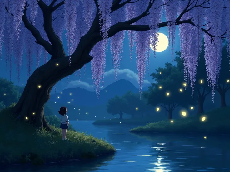 Fireflies flying around wisteria flowers。Night Scenery。Ogawa。Illustration like the photo 。 best quality,  Ghibli style color, 