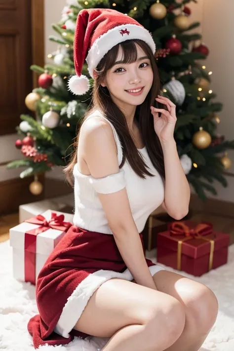  1 girl,  high resolution , ,  look at the audience,  high resolution ,  masterpieces ,Put on a red hat, long hair, bangs, straight hair ,  Big Bust,  flaunts soft cheeks,  Smiling Teeth , , Christmas, put on a red velvet dress, white fluffy fur, cute skir...