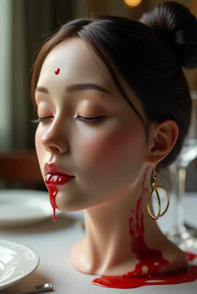 shows how much a beautiful real womans head has been amputated, on the Table  ,dark Hair bun, bindi on forehead, wearing ear ring, Fine dining table , ((  eyes closed  )), Realistic, 4K, NIKON, , Public Market, Realistic nose holes and skin,slender nut-sha...