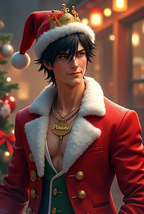 MAN christmas suit with crown and christmas hat, with a necklace named "PINUNO" , black hair
