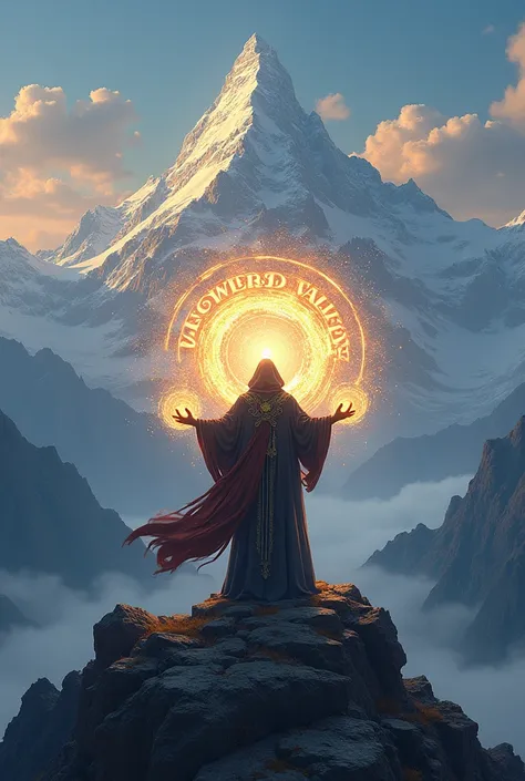 Awesome artwork of a wizard on the top of a mountain, hes creating the big text "Flowers Valley" with magic, magic text, at dawn, sunrise.