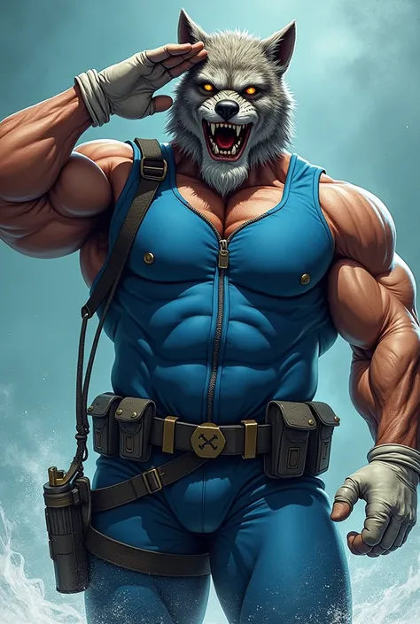 (A rugged beefy very muscular bulky old man), (wearing blue zipper wetsuit), (wearing realistic roaring wolf mask), saluting,  wearing bulky scuba gear, muscular physique, toned muscles, fierce, heroic, action, comic artstyle, bulky best quality, wearing w...