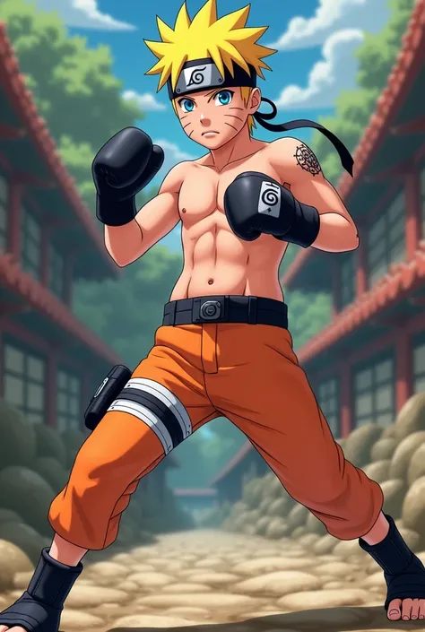 naruto (s ) wearing orange shorts with black line ,(barefoot )  shirtless  ,  wearing black boxing gloves  ,with the same animation style as the original Naruto show , with higher image quality  