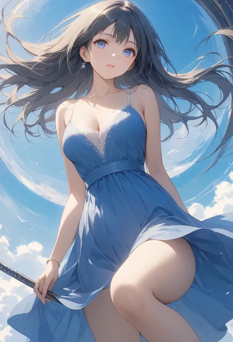 Masterpiece, high quality, high resolution, 16K, super detailed background, Makoto Shinkai illustration, ultra realistic, digital painting, one woman, long eyelashes, beautiful skin, beautiful legs, beautiful breasts, movie, cinematic angle, shoulder-barin...