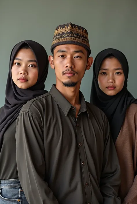 a 38 year old Indonesian muslim man wearing a hat / head covering sits posing next to two young Indonesian women.  beautiful young woman ,  hijab, dress, jeans.  top quality, realistic, photo realism, (Intricate Details: 1.2), (fine detail), ( cinematic gl...