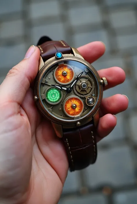 "A steampunk-inspired wristwatch held in a hand, featuring a circular face with glowing orange and green Nixie tubes displaying numbers. The watch has intricate metallic details with gears, wires, and a small blue gem at the top, all enclosed in a rustic m...