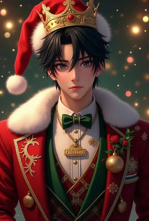 Realistic MAN christmas suit with crown and christmas hat, with a necklace named "PINUNO" , black hair
