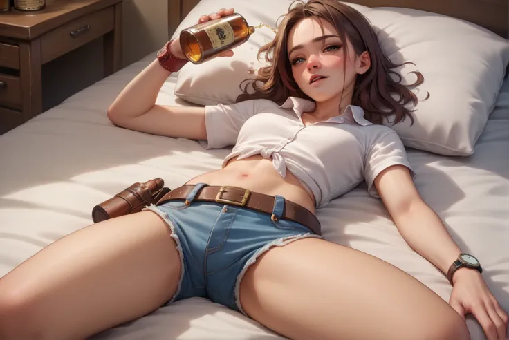 Sexy cowgirl,brown very short sleeve collared cowgirl shirt,  denim hotpants ,western belt with holster, western boots , Wrist Watch ,Navel exposed,Drunk, Above Knee Shots , open your eyes, lying in bed, super high resolution,16k