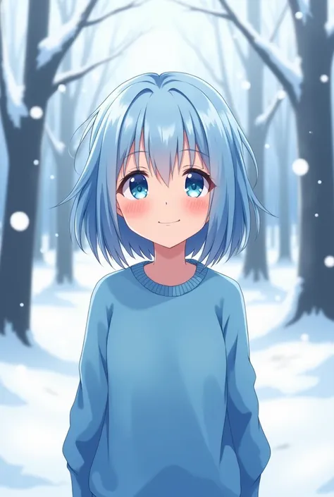 Teen anime girl,  light blue hair , sky blue sweatshirt ,  the scene takes place in a snowy forest ,  the girl is smiling directly at the viewer