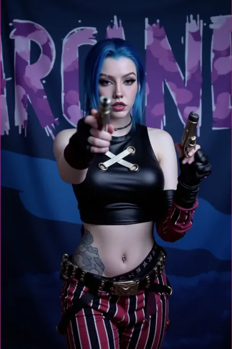 JinxA, a portrait-style photograph featuring JinxA, standing against a backdrop with the text ARCANE and JINX in bold, stylized glowing letters on a dark blue background. The subject is a girl with light skin and striking blue hair styled in a dramatic, sw...