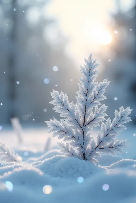 abstraction, Minimalism, fantasy art, Snow-covered forest,  pearlescent fluid art ,  close-up ,  against the winter sun, a conifer branch in the snow,  ornate fabulous transparent snowflakes at the ends , sfumato,  ultradetail , glitter, shimmer, Shine, Wh...