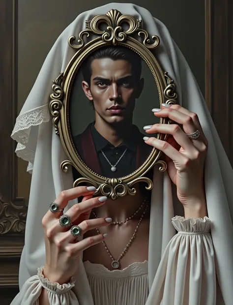  picture of a woman in a white dress , , a white lace cape is draped over his head,  woman holding a mirror in front of her face, mirror covers face , the mirror reflects a beautiful male face with burning eyes like a predator, detailed 3d gothic  oil pain...